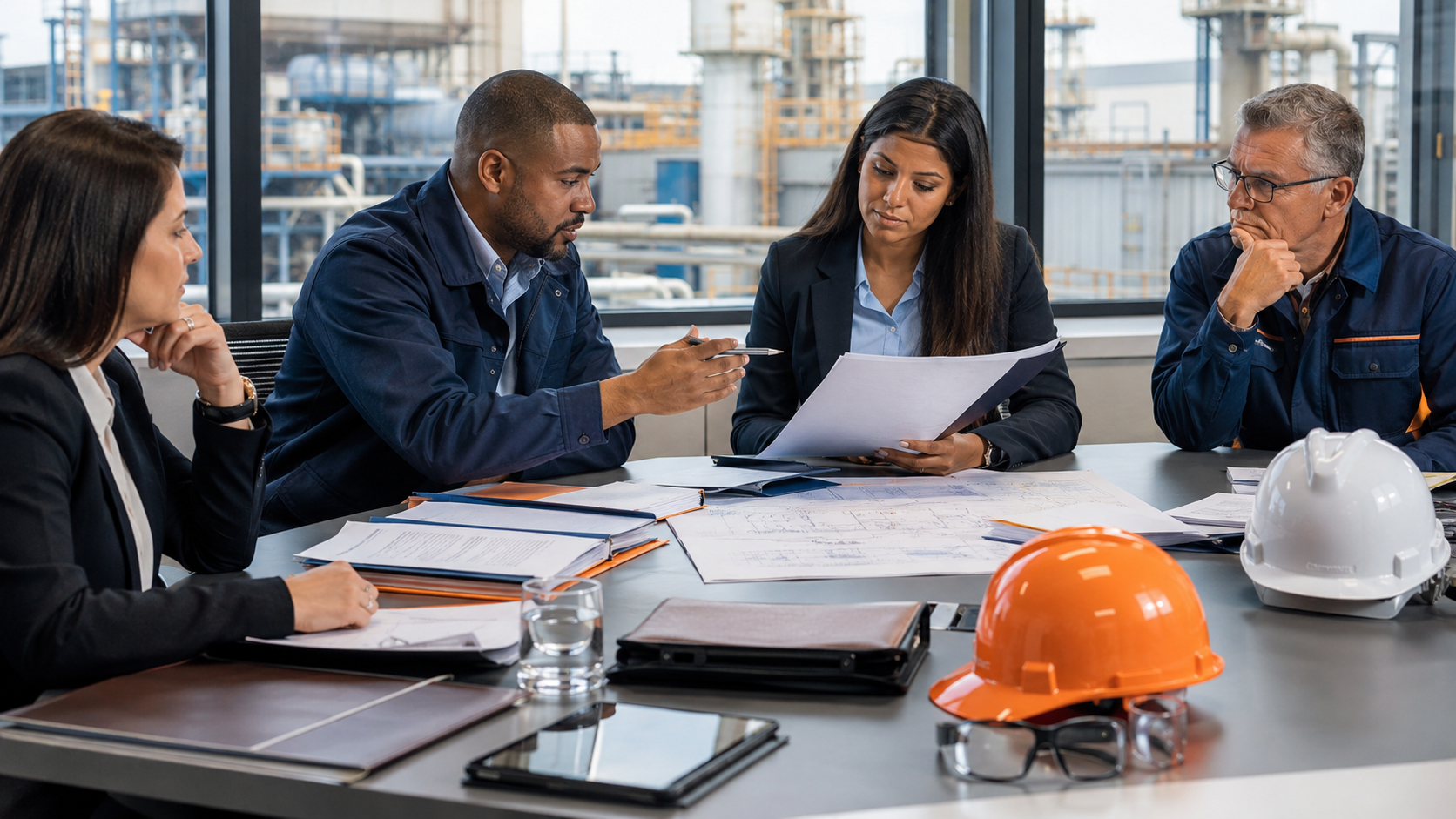 Procurement manager and engineering lead evaluating industrial contractor proposals in a professional meeting