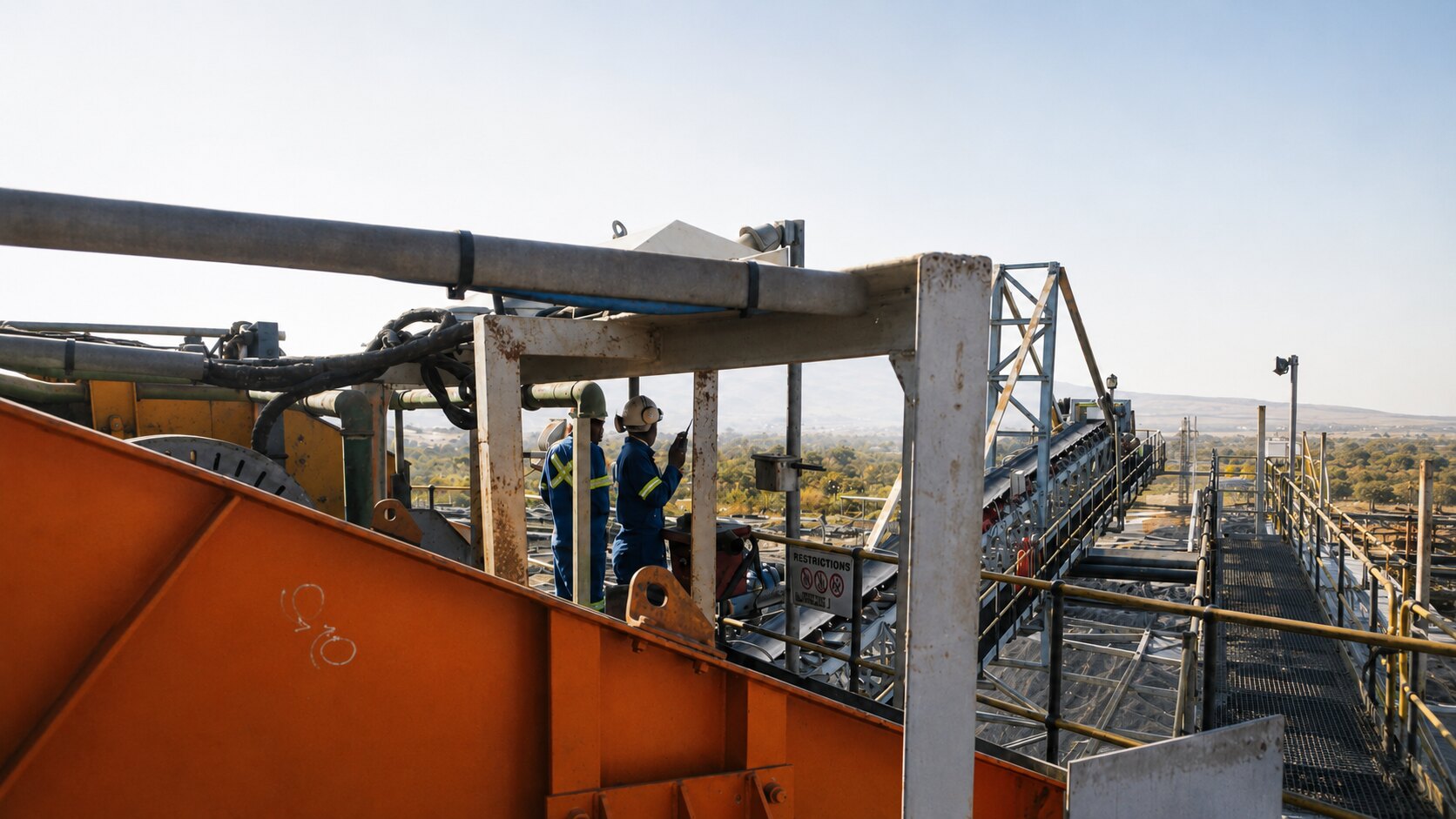 Worker on mining stacker/conveyor — shutdown maintenance