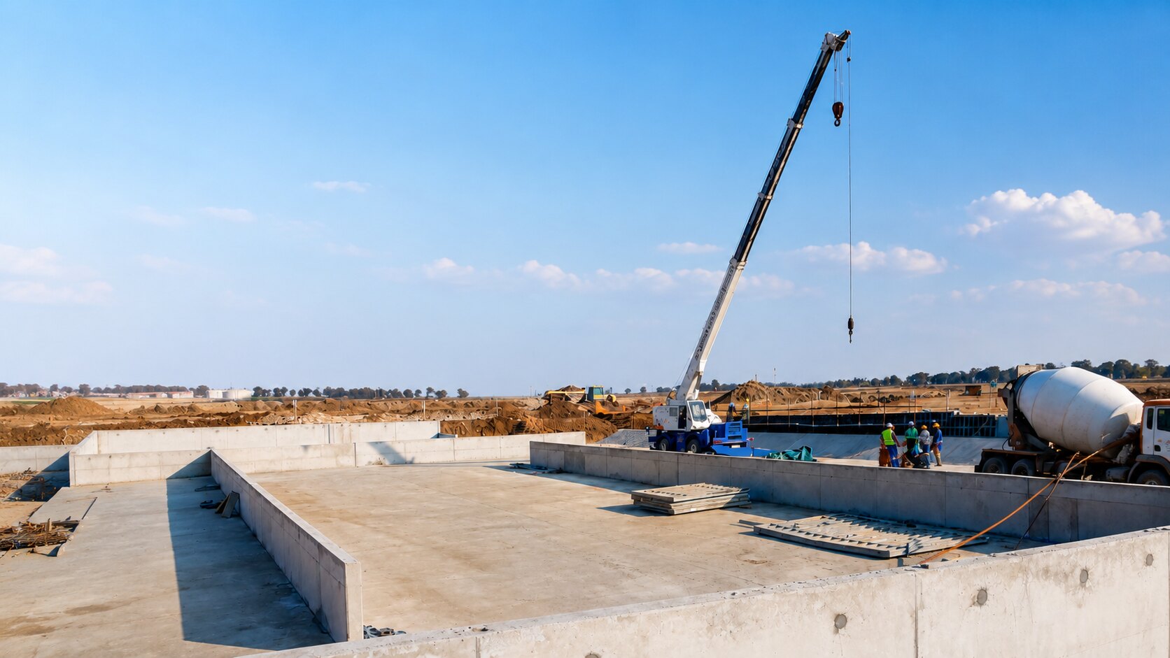 Crane and concrete pour — construction site