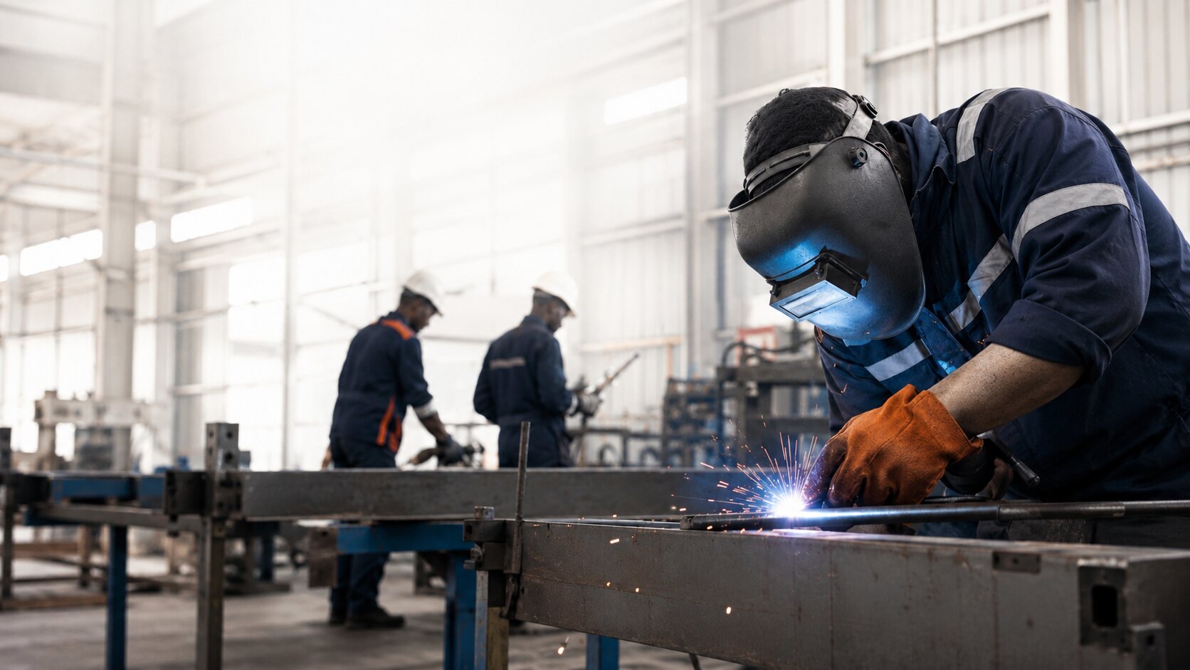 M&N welder performing precision TIG welding in industrial workshop